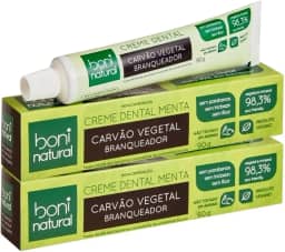 Kit 2 Pasta Creme Dental Boni Natural Carvão Ativado Branqueador Com Menta 90g - S/Flúor e Vegano