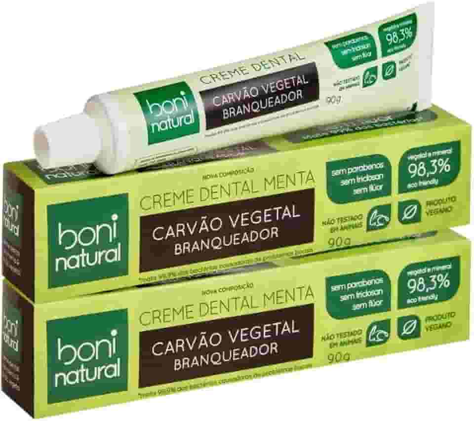 Kit 2 Pasta Creme Dental Boni Natural Carvão Ativado Branqueador Com Menta 90g - S/Flúor e Vegano