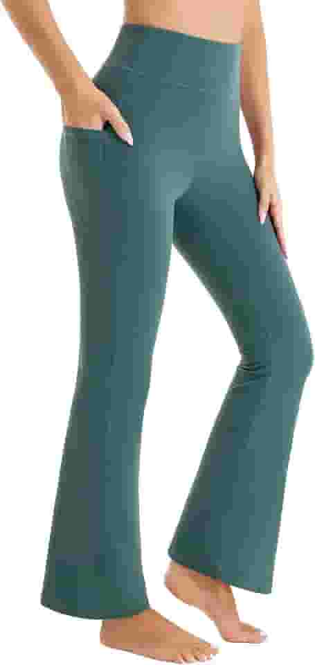 Calça de ioga bootcut com bolsos para mulheres 76,2 cm calça de perna larga cintura alta controle de barriga calças de ioga para treino