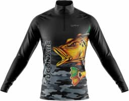 Camisa de Pesca Masculina Tucunaré Camuflado Manga Longa Proteção Solar Antimosquito Zíper Gola Alta