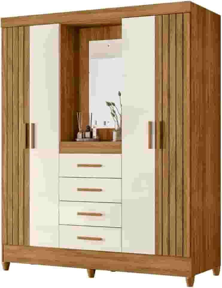 Guarda Roupas Casal Detalhes Frisados Com Espelho 4 Portas 4 Gavetas Viena Madeirado/Off White