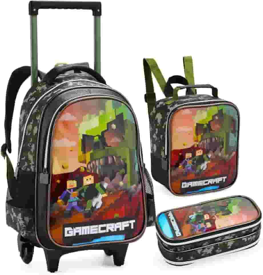 Mochila Escolar com Rodinha Kit Lancheira Térmica Estojo 2 Divisórias Infantil Gamecraft