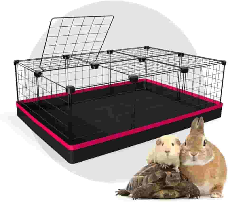 Cercado Pet para Porquinho da Índia com Teto 60x90x30cm com Bandeja Impermeável Telas Pretas e detalhe Rosa