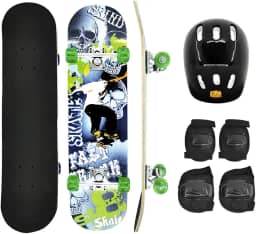 Skate Infantil Caveira Madeira 78,5cm até 50kg + Kit de Proteção, DM Radical