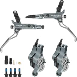 BUCKLOS Conjunto de freio a disco hidráulico IIIPRO IV4 de 4 pistões MTB, freios hidráulicos dianteiros de 850 mm e traseiros de 1550 mm com alavanca de pinça de liga de alumínio para Ebike, bicicleta