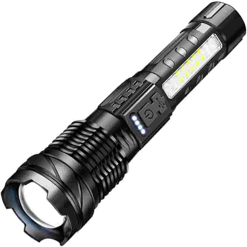 Lanterna Tática LED Recarregável USB Cor Preto Super Potente com Zoom Profissional de Luz Forte do Mundo Militar Pesca Portátil