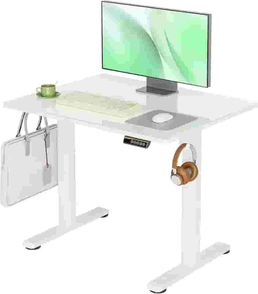 Claiks Mesa de vidro, mesa de pé pequena de 88 x 50 cm, altura ajustável elétrica, instalação rápida, mesa de computador para escritório em casa, superbranca