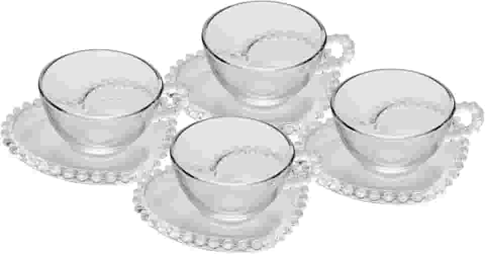 WOLFF - Conjunto 4 Xícaras de Chá de Cristal com Pires Coração 180ml - Linha Pearl
