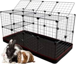 Cercado Porquinho da Índia Gaiola para Coelho 60x120x60cm com 2 Andares Rampa e Teto Bandeja Higiênica Tapete Fácil de Limpar (Tela Branca e Tapete Rosa)