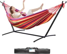 ILID Suporte de Descanso com Rede Portátil - Rede Casal para Jardim e Praia, 6 Níveis Ajustáveis, Tecido 300kg à Prova de Rasgos, Inclui Bolsa e Cordas Reforçadas (Vermelha)