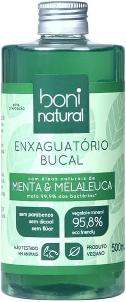 Enxaguante Bucal Natural e Vegano, Sem Flúor, Zero Álcool, Sem Parabeno, Menta e Melaleuca, Boni Natural, Verde, 500ml