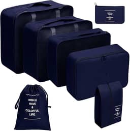 Organizador Viagem Kit 7 Peças - Necessaire para Bagagem Malas Roupas Bolsa Cosméticos Higiene - Dobrável Impermeável Multiuso Feminina Masculina Unissex Grande Compacto Prático (AZUL)