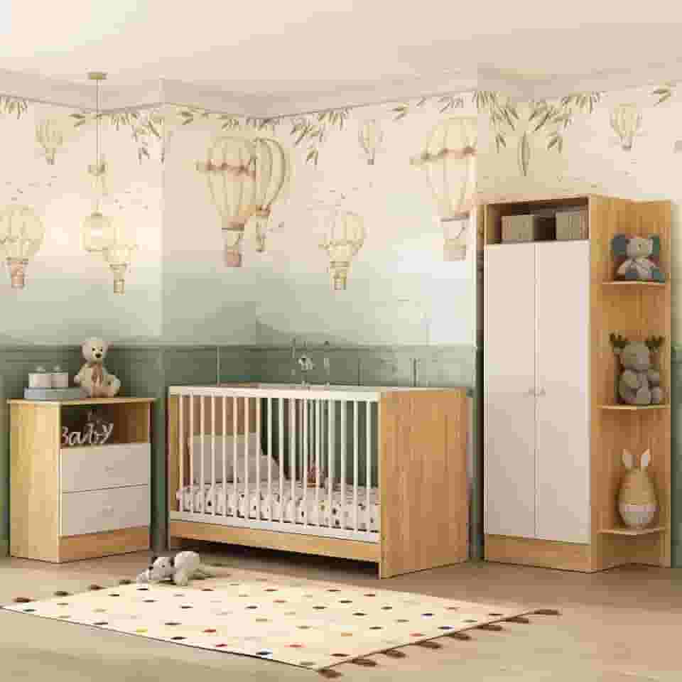 Jogo de Quarto Infantil com Colchão Incluso Trevalla Móveis Pom Pom - Madeirado/branco
