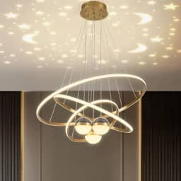 Lustre LED Dimerizável com Projeção de Galáxia e 3 Anéis | Luminária Pendente para Sala de Jantar sobre Mesa, Ilha de Cozinha, Sala de Estar e Quarto com 3 Cores (Ouro)