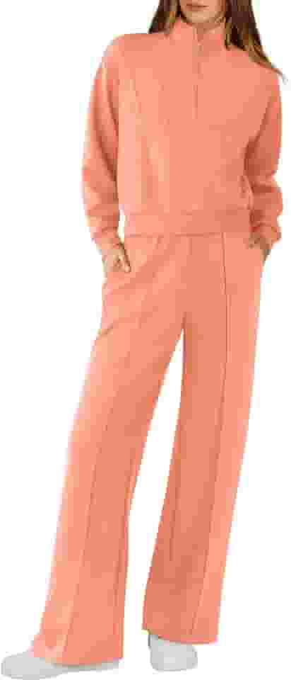 Conjunto feminino de 2 peças, conjunto de roupas de outono, moletom com meio zíper, calça de moletom de perna larga, conjunto de roupas combinando