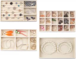 Kit 4 Bandejas Para Jóias Bijuterias Organizadores de Gavetas Divisorias Veludo (Bege)