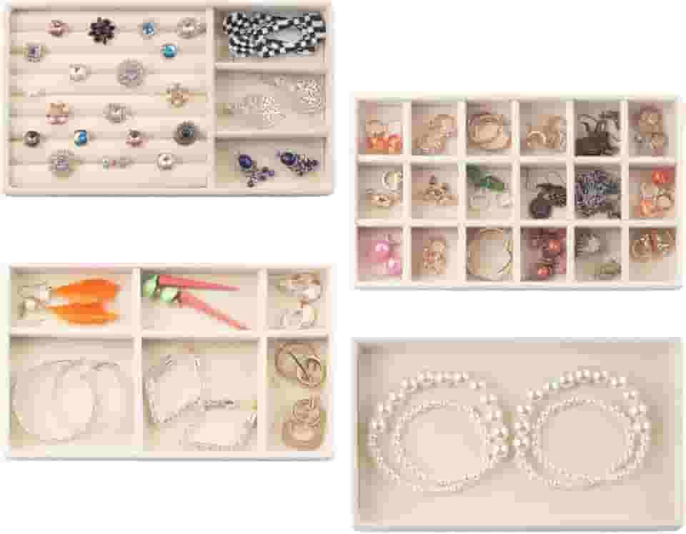 Kit 4 Bandejas Para Jóias Bijuterias Organizadores de Gavetas Divisorias Veludo (Bege)