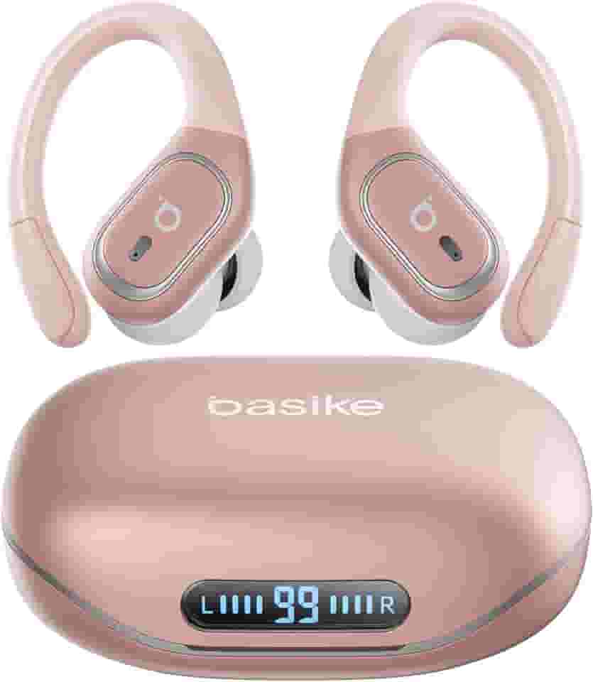 Basike Fone de Ouvido Bluetooth 6.0 TWS Esportivo, Som Hi-Fi Estéreo, Microfone com ENC, Toque Sensível, IPX5 à Prova d’Água para Corrida e Exercícios – Ouro Rosa