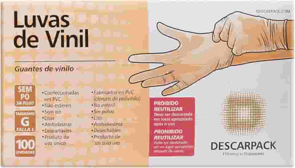 Luva de Vinil Tamanho G, Descarpack, 100 Unidades, Multicolorido