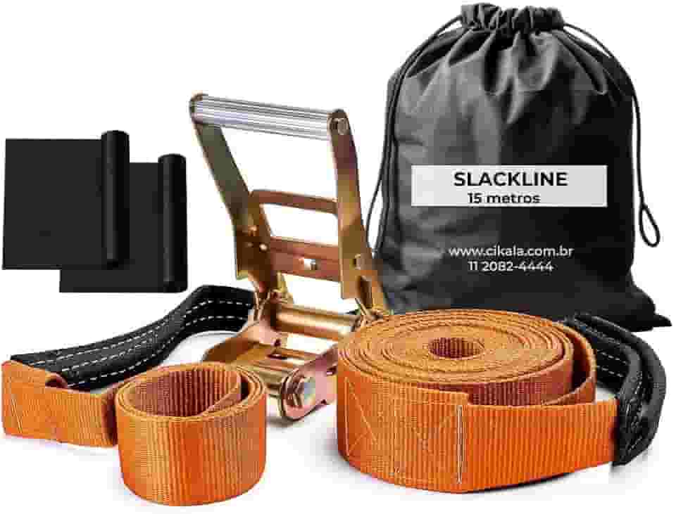 Slackline Laranja 15 M Catraca + Alças + Protetores + Bolsa
