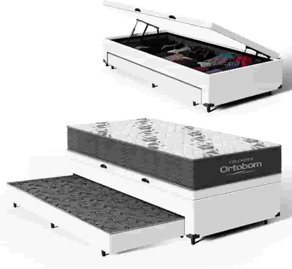 Bicama Box Baú Solteiro com Colchão de Espuma D33 Ortobom Airtech 100 + Auxiliar Unique 88cm (Branco)