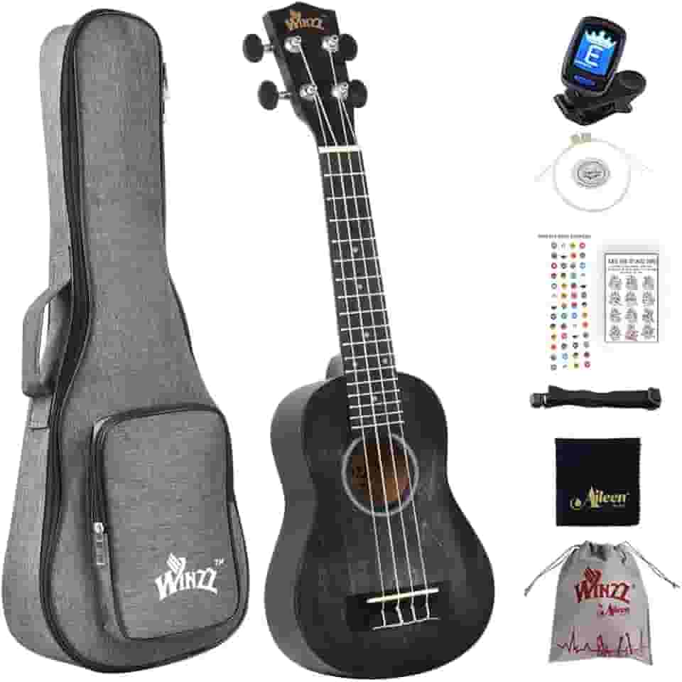 Winzz Kit para iniciantes Ukulele Soprano para crianças e adultos, 53 cm com 8 acessórios, design de cor exclusivo – preto