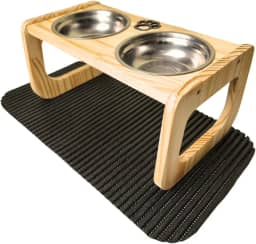 Comedouro Elevado de Madeira Pinus para Cães Médios | Tigelas Inox 700 ml, Removíveis | Acompanha Tapete Antiderrapante 43x33cm | Acabamento em Óleo Mineral Atóxico (Preto)