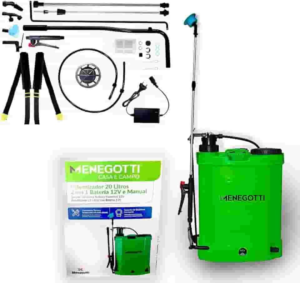 Pulverizador Costal Menegotti 2 em 1 Á Bateria 12V e Manual 20L P/Aplicação Defensivos Agrícola - 12V - Á Bateria