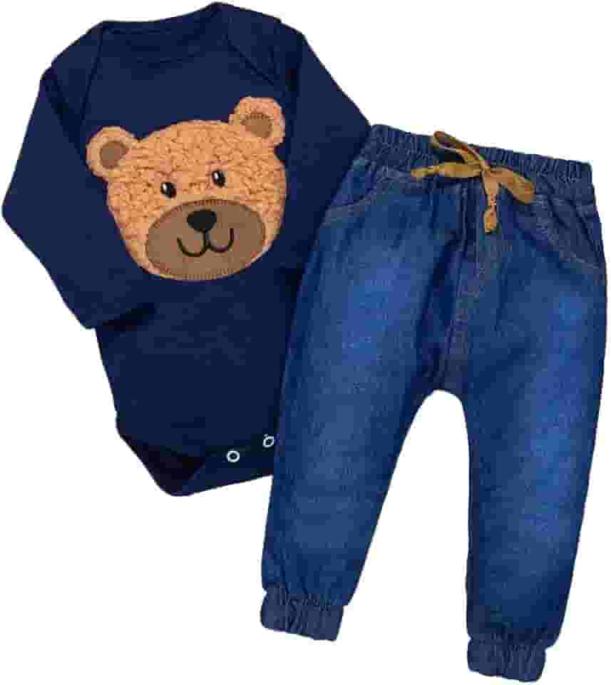 Conjunto Bebê Body Bordado Manga Longa com Calça Jeans ou Calça Ecolinho Sustentável - Era Uma Vez 0-12 Meses