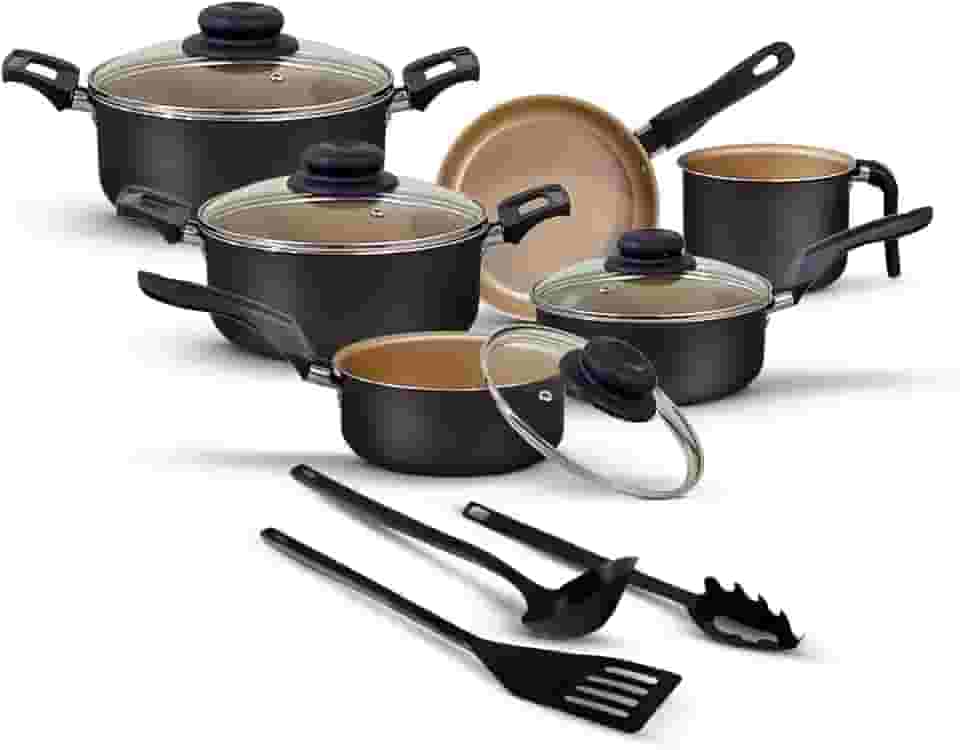Jogo de Panelas Antiaderentes 9 Peças Conjunto Com Tampa de Vidro Temperado, Revestimento em Teflon, Alças Que Não Esquentam. Funciona em Fogão a Gás. Linha Essenza Tradicionale (Preto Bege)