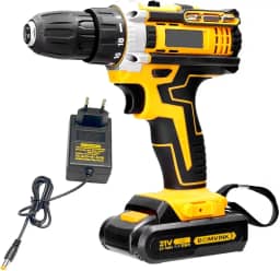Bomvink Parafusadeira Furadeira Elétrica, 21V, Amarelo e Preto, com Bateria de Íon-Lítio, Carregador e Mandril