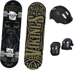 Kit Skate Esporte com Acessórios de Proteção, Marrom, Madeira e Alumínio, 78 cm, Capacete, Joelheiras e Cotoveleiras, Suporta até 90 kg