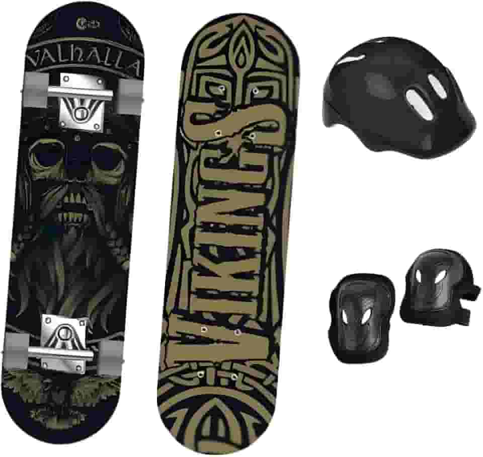 Kit Skate Esporte com Acessórios de Proteção, Marrom, Madeira e Alumínio, 78 cm, Capacete, Joelheiras e Cotoveleiras, Suporta até 90 kg
