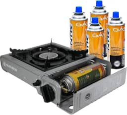 Guepardo Fogareiro Horizontal Duppio com Kit 4 Cartuchos Campgás, Acendimento Automático, 34 x 25,5 x 6,5 cm, Cinza