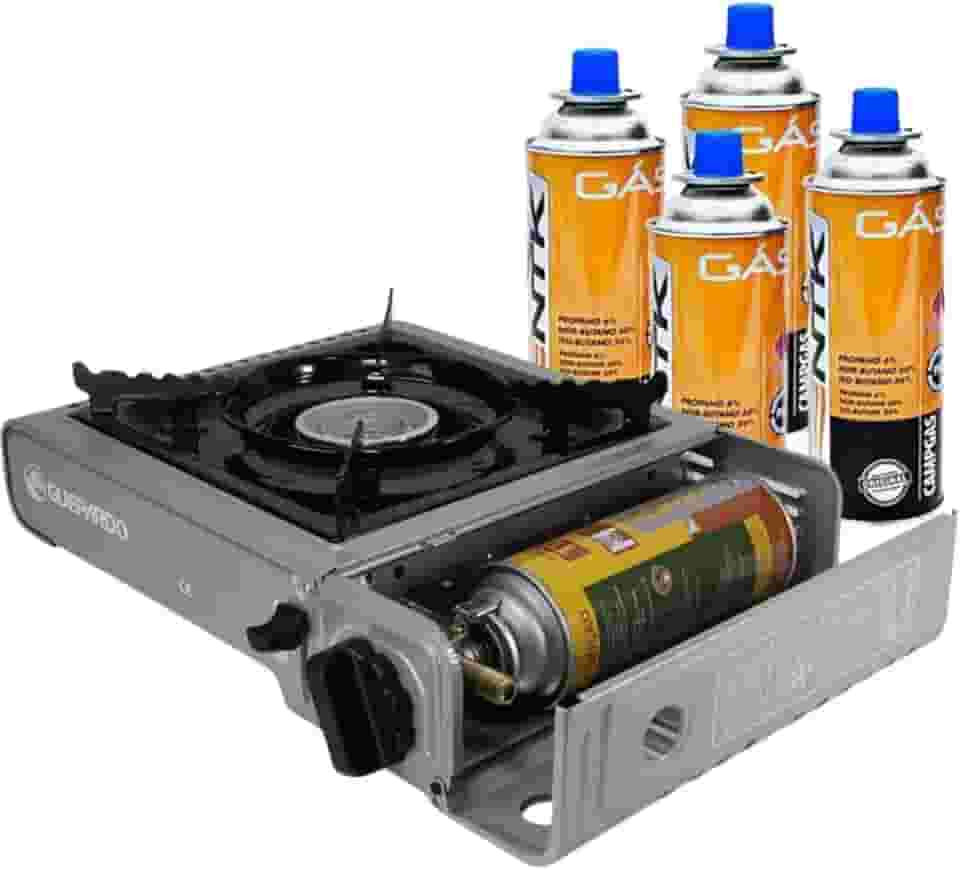 Guepardo Fogareiro Horizontal Duppio com Kit 4 Cartuchos Campgás, Acendimento Automático, 34 x 25,5 x 6,5 cm, Cinza