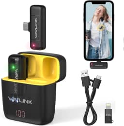 WAVLINK Microfone de lapela sem fio para iPhone Android Vlog, sistema de microfone de lapela com clipe e entradas Lightning e USB-C e capa de bateria para YouTube Facebook Live, gravação de vídeo (1