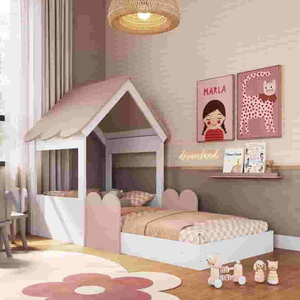 Cama Montessoriana Infantil Casa Solteiro Branco/rosa - Completa Móveis