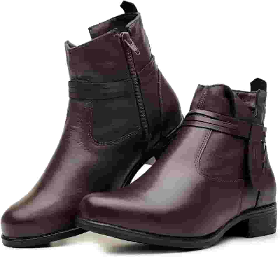 Bota Feminina Cano Curto em Couro Legítimo Coturno com Ziper