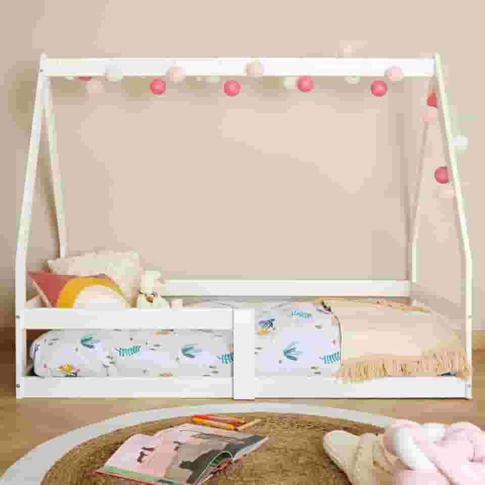 IDIMEX Mini Cama Infantil Branco Madeira Montessori Casinha com estrado Wilma