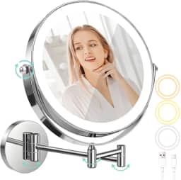 Espelho de Maquiagem com LED, 1x/10x Ampliação, 3 Cores de Luz, Rotação de 360°, Montagem na Parede, Branco, 1C x 1L cm