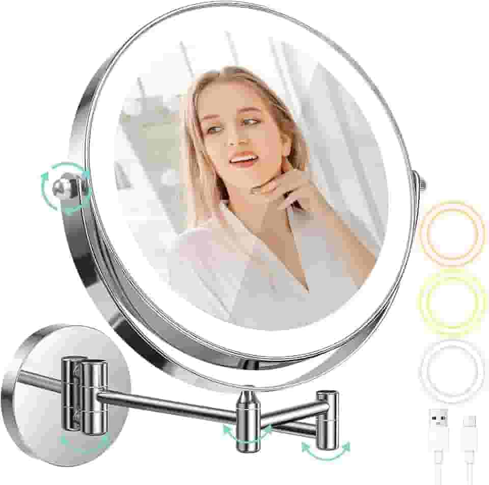 Espelho de Maquiagem com LED, 1x/10x Ampliação, 3 Cores de Luz, Rotação de 360°, Montagem na Parede, Branco, 1C x 1L cm