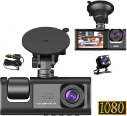 Câmera veicular frontal e traseira interna, câmera de painel de três canais FHD 1080p para carros, sensor WDR, G, gravação em loop, monitor de estacionamento, gravação 24 horas