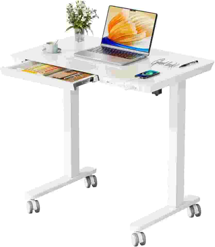 JYLH JOYSEEKER Mesa de vidro pequena com gaveta, mesa de suporte elétrica de 80 cm x 50 cm, mesa com altura ajustável com armazenamento e portas USB, mesa de computador de escritório doméstico de