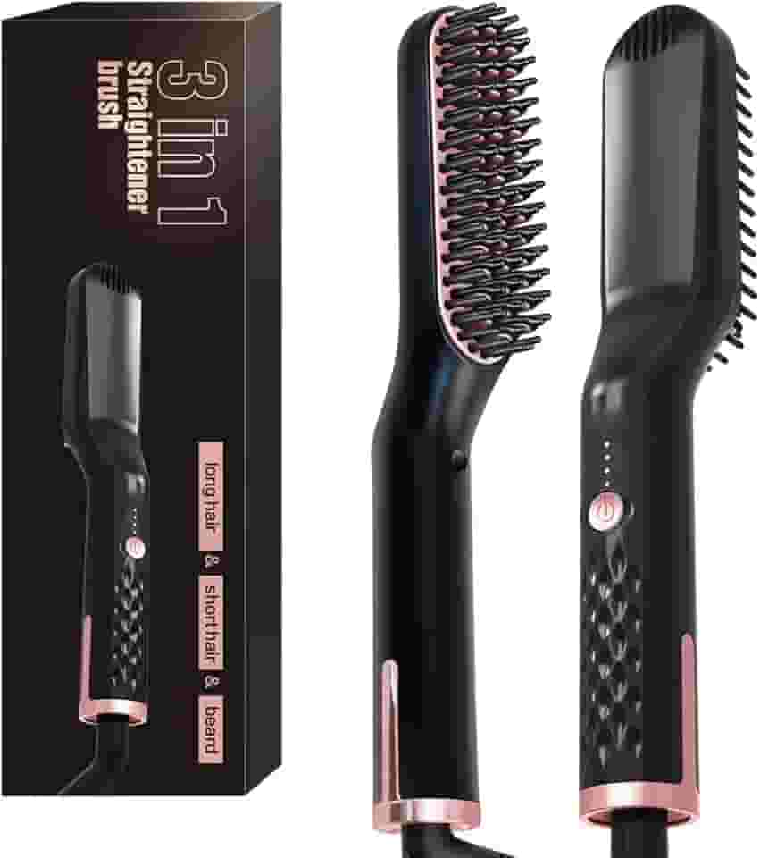 Escova Alisadora Térmica 3 em 1 Profissional - Chapinha Iônica para Cabelo e Barba com 3 Temperaturas (150°C-180°C-210°C), Cabo Giratório 360° e Presente Masculino (110-240V/Compatível Global)