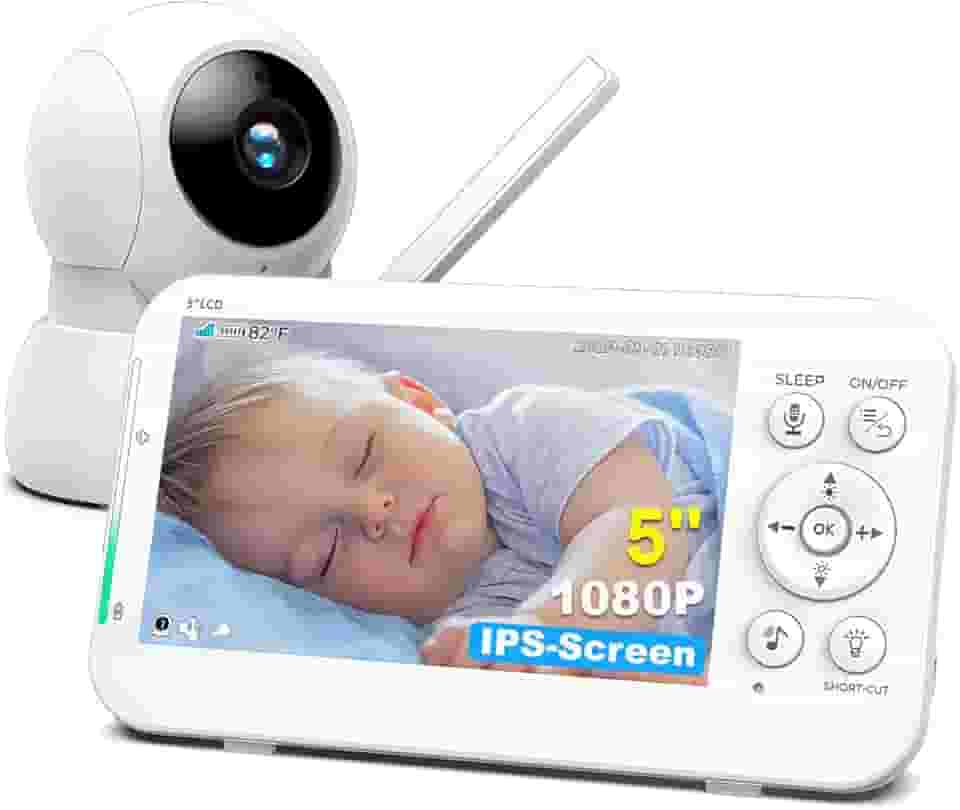 Monitor de Bebê com Câmera HD 1080p, Tela de 5 Polegadas, Áudio Bidirecional, Visão Noturna, Controle de Temperatura, Branco
