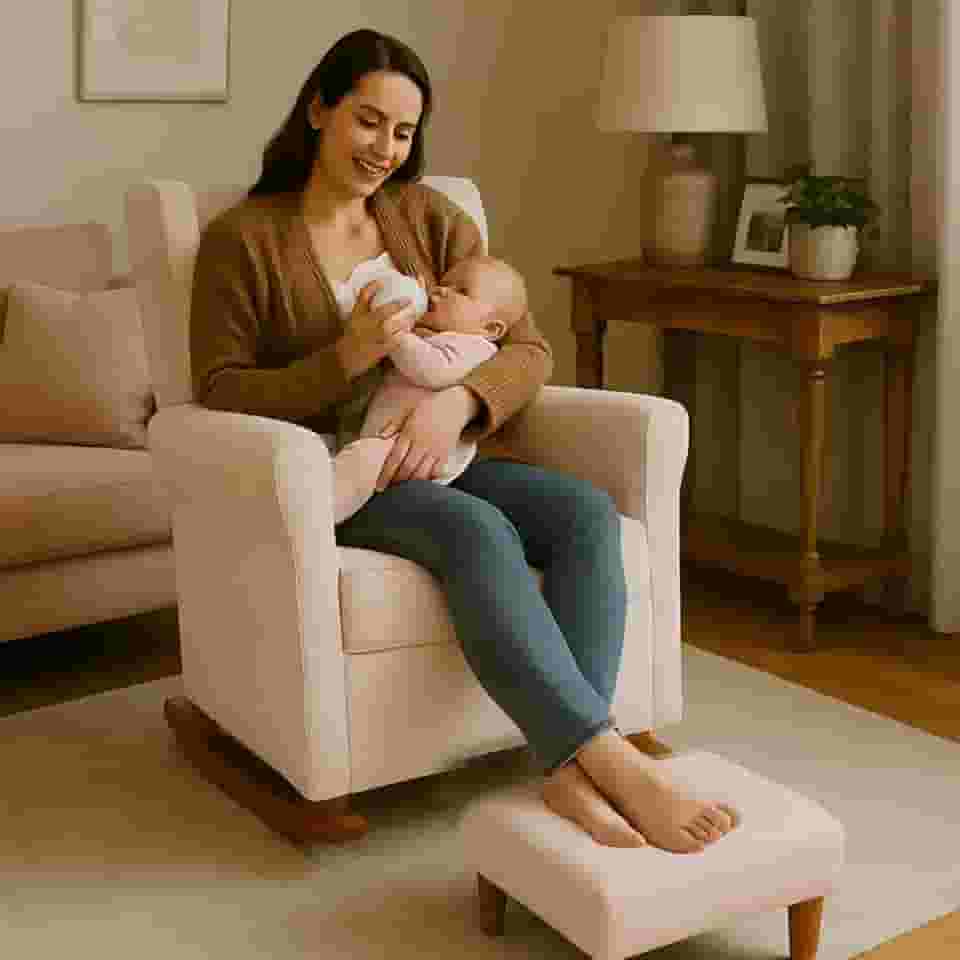 Poltrona Aquila Amamentação Balanço e Puff Baby Bege Claro