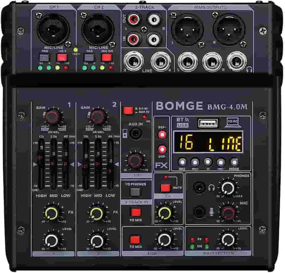BOMGE 04M Mesa De Som, Som Digital Usb Com 4 Canais, Bluetooth E 24 Efeitos, Entrada 48V Phantom Power, Mixers Estéreo Dj Para Gravação, Transmissão Ao Vivo, Podcasting, Jogos
