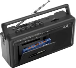 KLIM Leitor de cassete portátil e gravador de fita – Boombox com rádio AM/FM, USB, Bluetooth, alto-falante e fone de ouvido – operado por bateria e CA – Preto