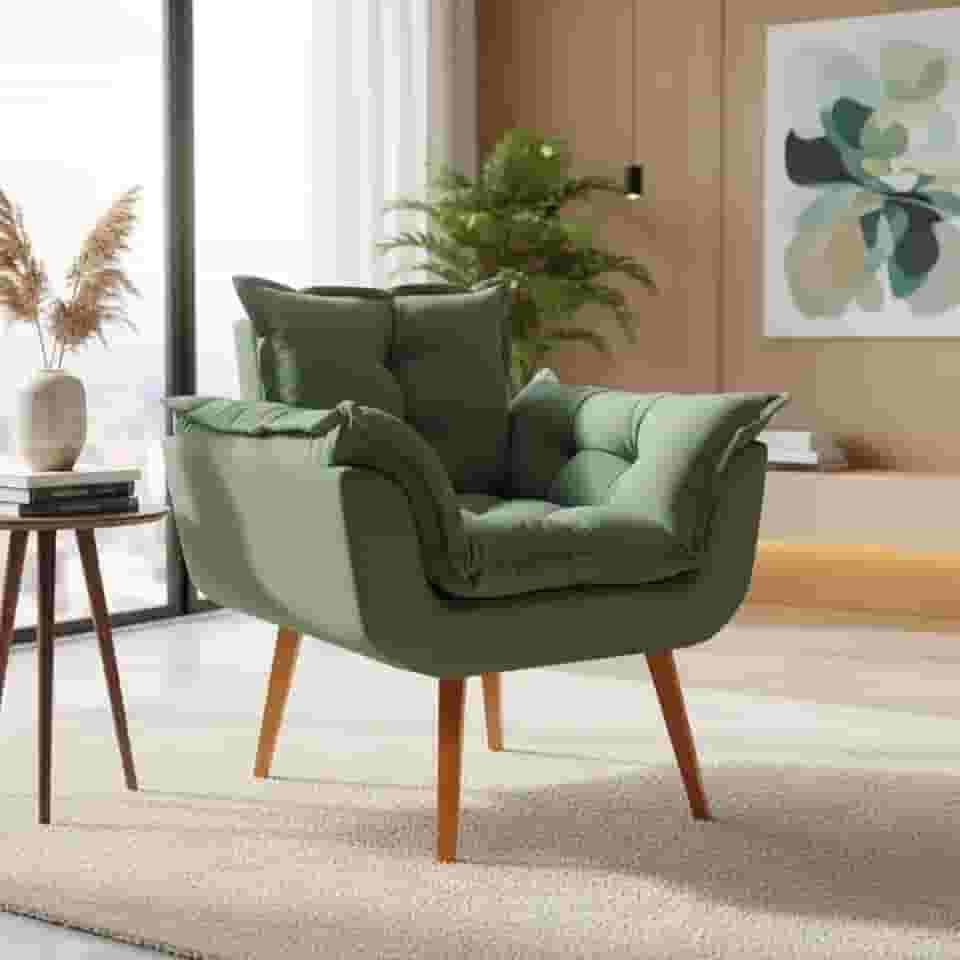 Poltrona Decorativa Confortável Para Sala Quarto Recepção Escritório Manicure Tecido Linho (Verde)