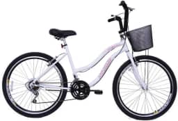 Bicicleta Feminina 26 Beach Branca de 18 Velocidades com Aros duplos, Pneus Slik e Cesta - Dalannio Bike